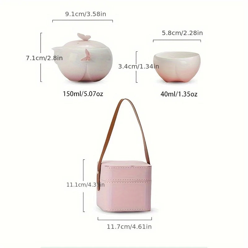 Butterfly Ceramic Travel Tea Set with Carry Case – Portable Teapot & Cups Gift Set for Home, Office and Outdoor Tea Lovers