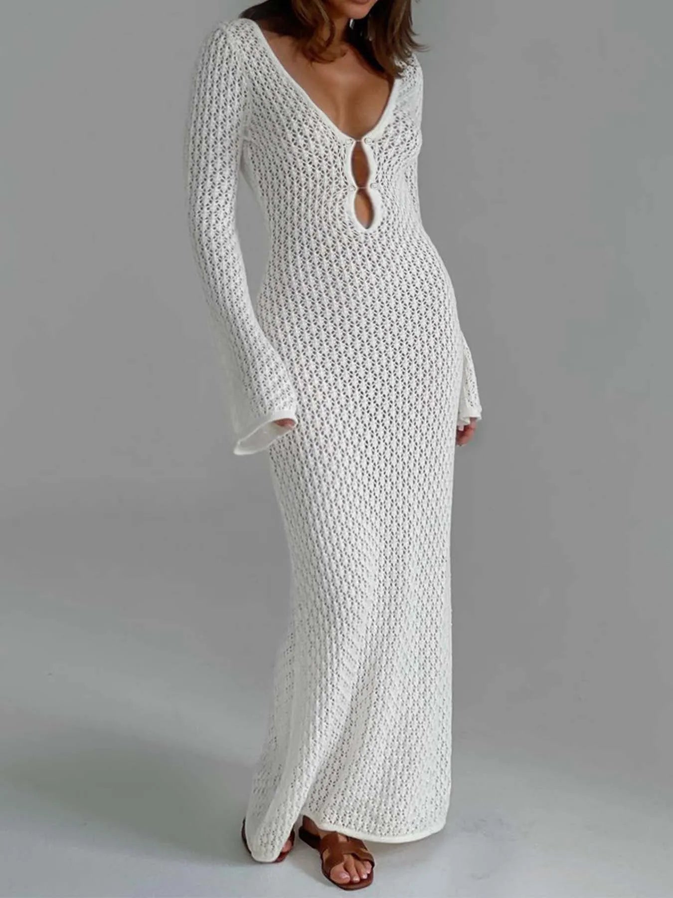 Serenah Crochet Knit Beach Dress – Long Sleeve V-Neck Holiday Cover Up Maxi Dress for Women