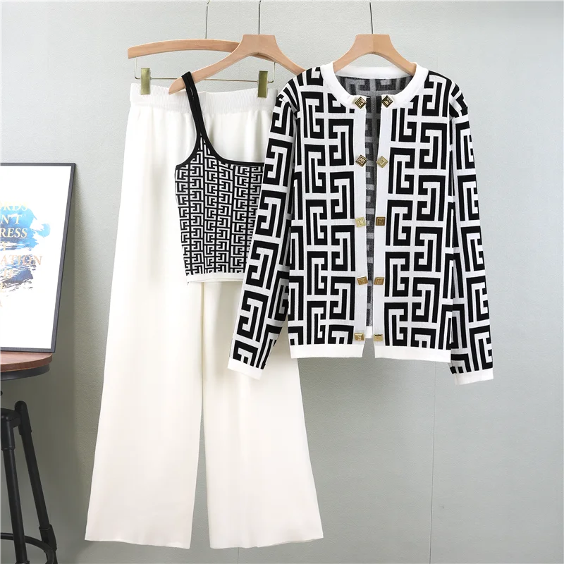 Bold 3-Piece Knit Co-ord Set with Geometric Pattern & Gold Buttons