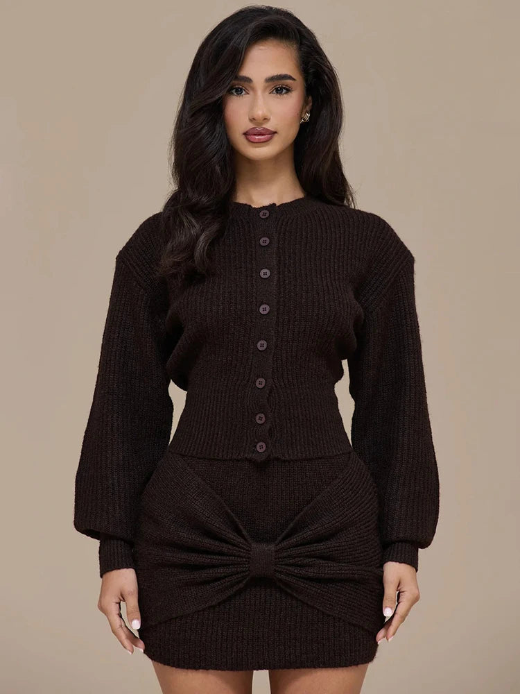 Marielle Knitted Cardigan and Mini Skirt Co-Ord Set – Elegant Women’s Knitwear Two Piece Outfit