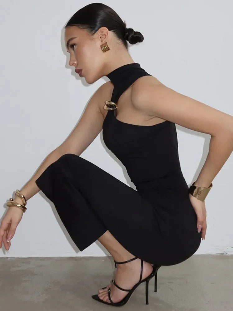 Amelina Sleeveless Black Midi Dress – High Neck Bodycon with Gold Accent Detail for Evening & Occasion Wear