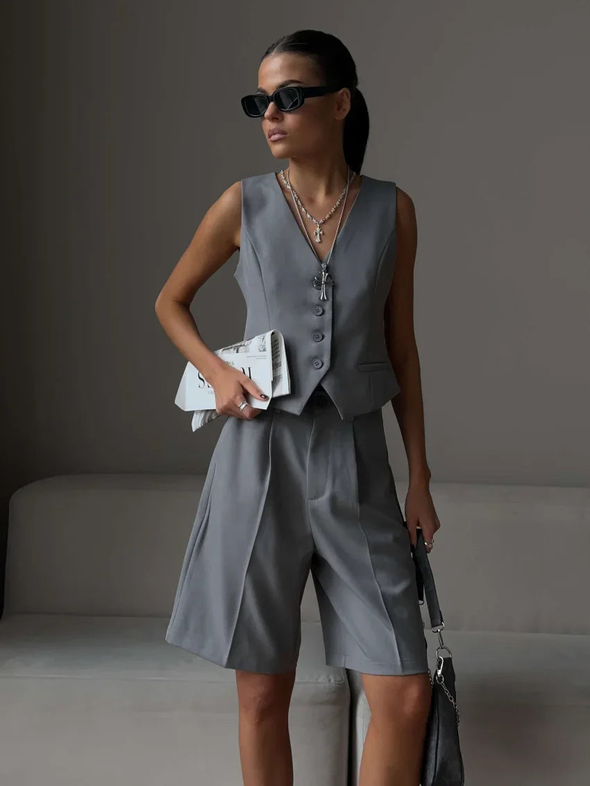 Averna Sleeveless Waistcoat and Bermuda Short Co-Ord Set – White, Charcoal Grey or Black Tailored Two-Piece for Women