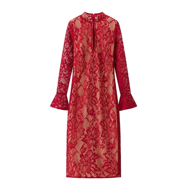 Lunetta Black Lace Midi Dress – Flared Sleeve High Neck Bodycon Sheer Floral Overlay in Red or Black