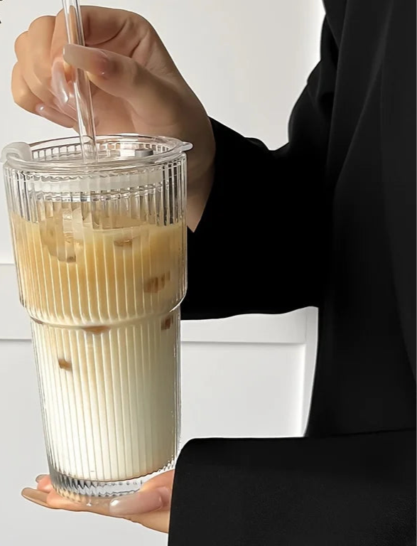 Ribbed Glass Tumbler with Straw & Lid – Large Iced Coffee Cup or for Cold Drinks