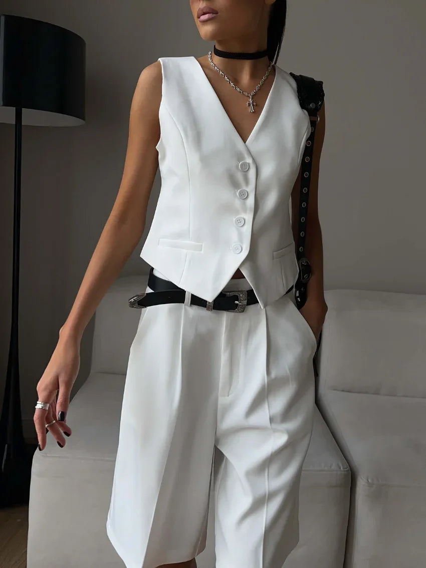 Averna Sleeveless Waistcoat and Bermuda Short Co-Ord Set – White, Charcoal Grey or Black Tailored Two-Piece for Women