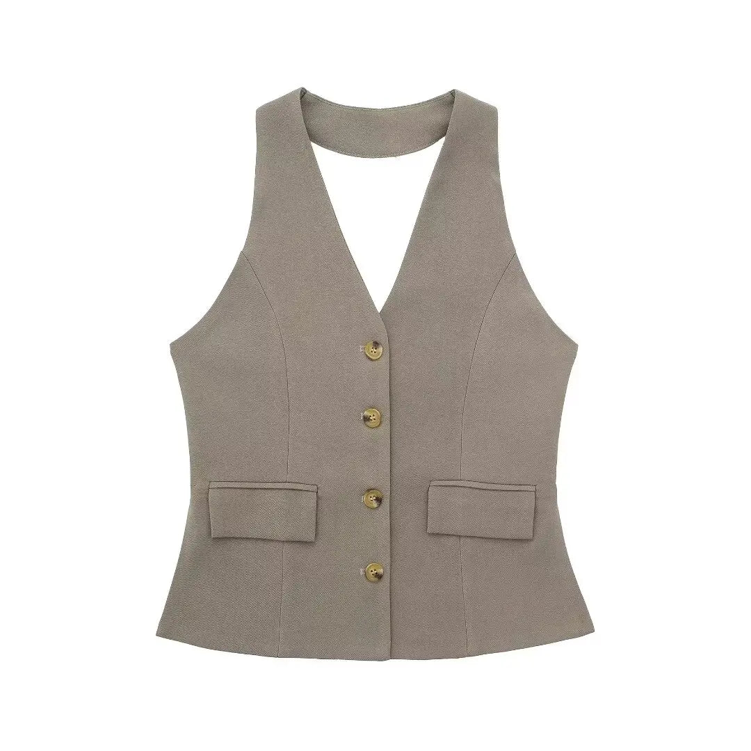 Rivana Tailored Waistcoat and Wide Leg Trouser Two Piece Set – White, Pink, Taupe and Black Sleeveless Suit Co-ord for Women