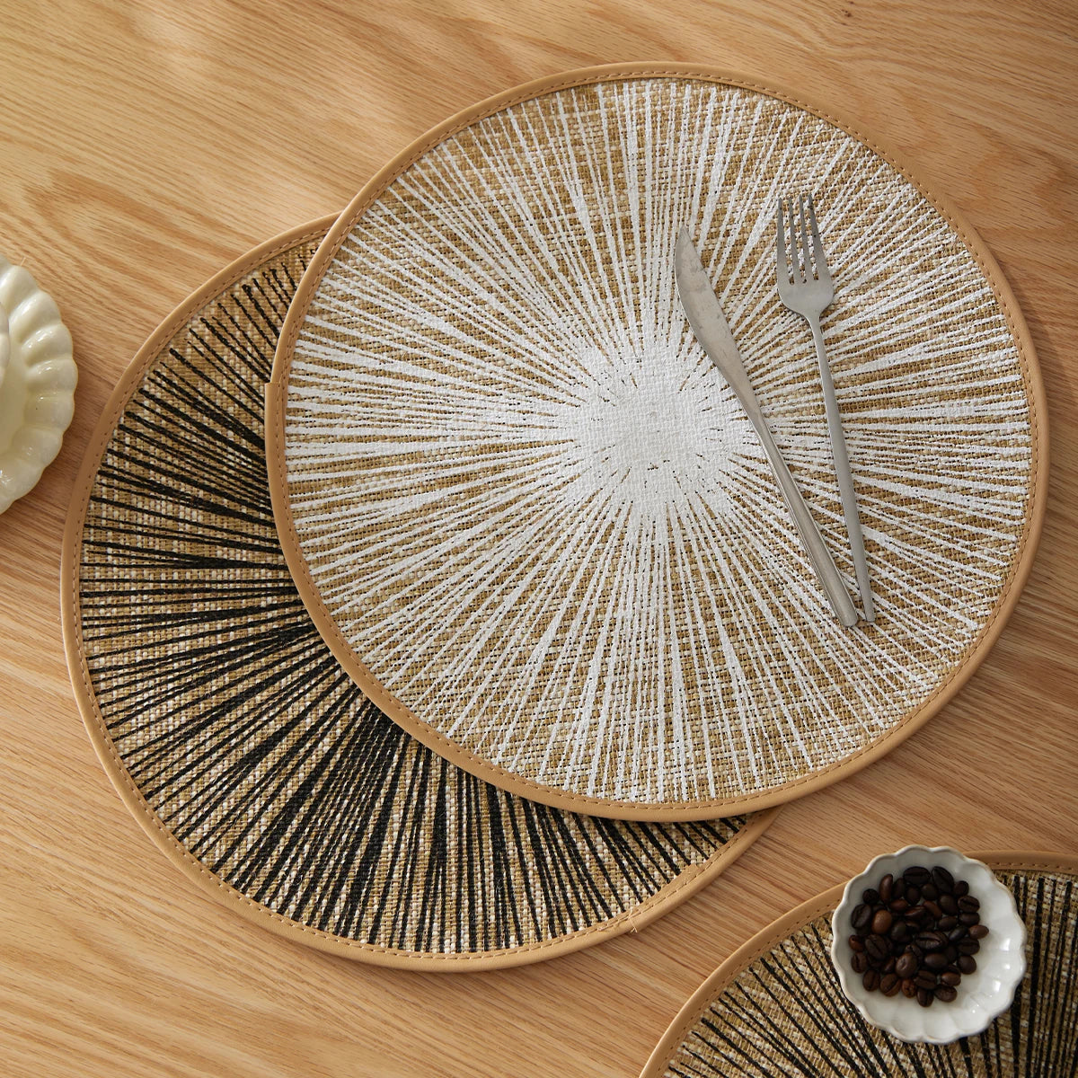 Woven Jute Macrame Round Placemats Set – 2, 4, 6 or 8 Piece Natural Table Mats in Black or Beige