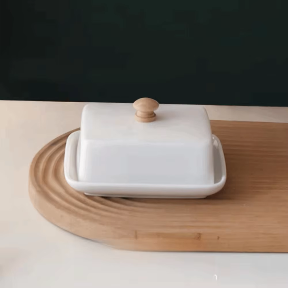 Black & White Ceramic Butter Dish with Wooden Handle – Rectangular Covered Butter Keeper for Kitchen & Dining