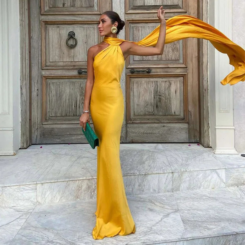 Graceful One-Shoulder Maxi Dress With Flowing Cape Detail
