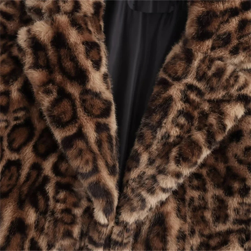 Corvelle Faux Fur Winter Jacket – Soft Plush Leopard Print Coat with Long Sleeves and Lapel Collar