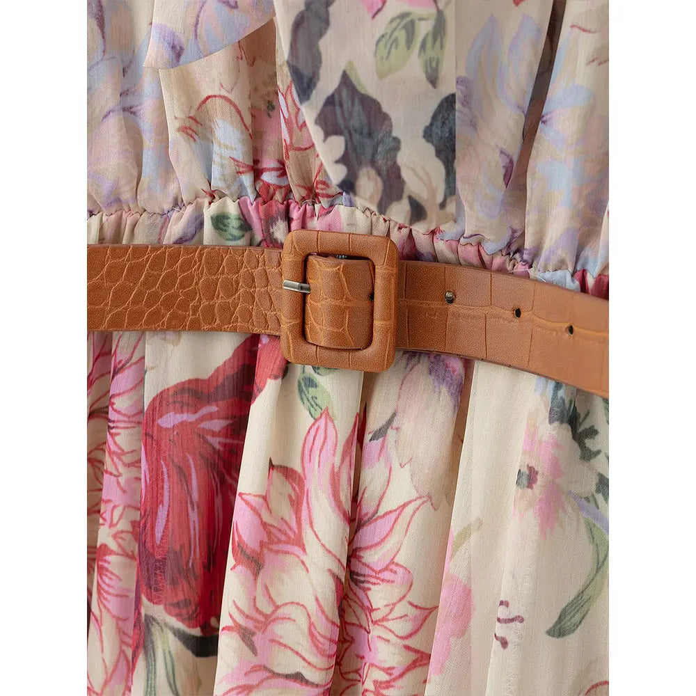 Marilina Floral Tie Neck Midi Dress with Long Sleeves and Belt – Pink Vintage-Inspired Summer Occasion