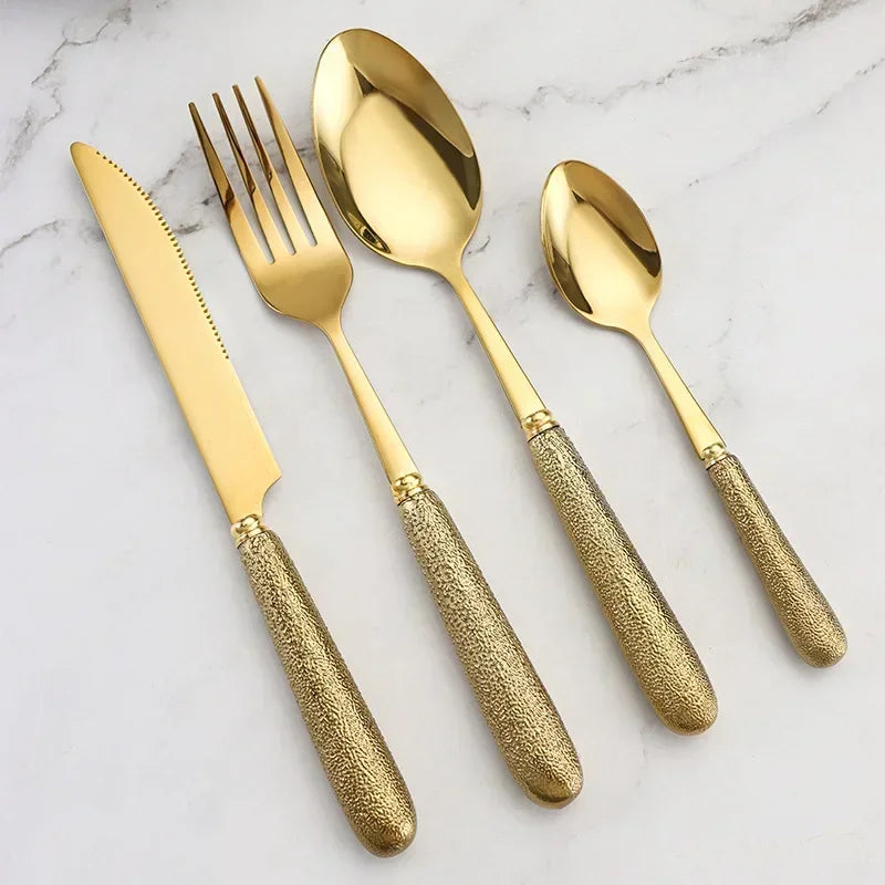 24-Piece Gold & Silver Stainless Steel Cutlery Set with Holder – Elegant Dining Tableware for 6