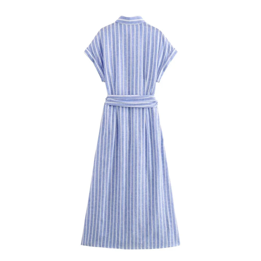 Alira Blue Stripe Shirt Dress – Button Front Midi Belted Summer Dress with Collar