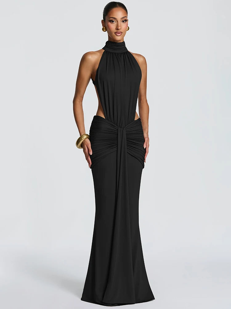 Elvaria Halter Neck Maxi Dress – Ruched Cut-Out Evening & Occasion Dress