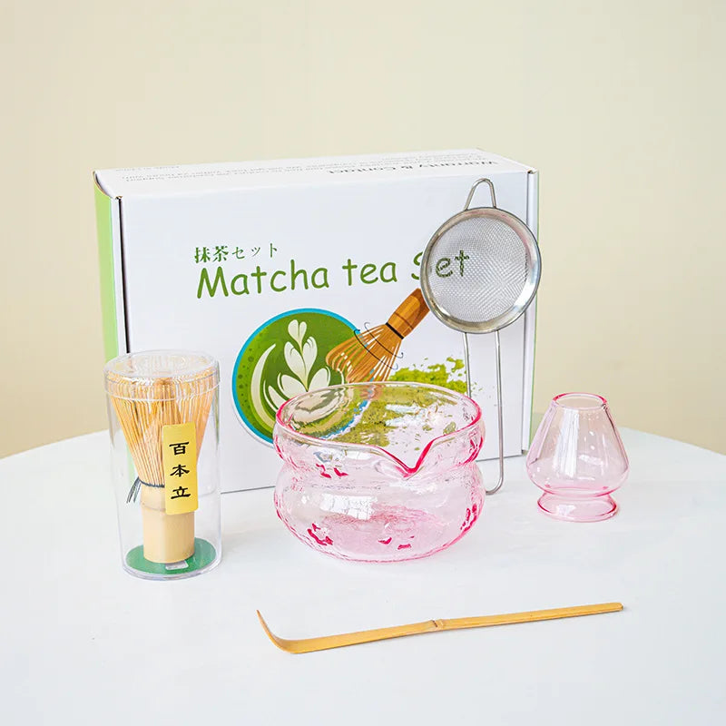 Akari Glass Matcha Tea Set – Pink & Purple Matcha Bowl Kit with Whisk, Scoop and Strainer, Complete Matcha Starter Gift Set