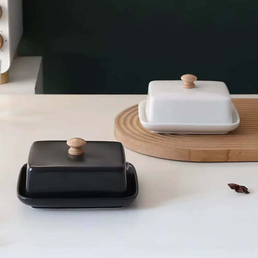 Black & White Ceramic Butter Dish with Wooden Handle – Rectangular Covered Butter Keeper for Kitchen & Dining