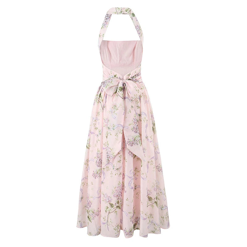 Liliora Halter Corset Midi Dress in Pink Lilac Ribbon Print – Summer Floral Occasion Dress with Side Split and Bow Back