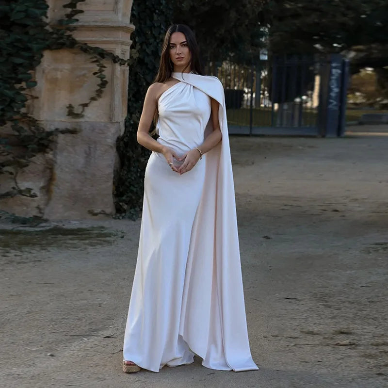 Graceful One-Shoulder Maxi Dress With Flowing Cape Detail