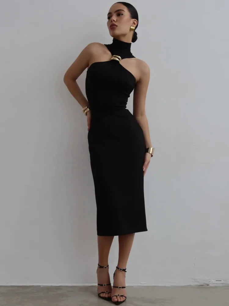 Amelina Sleeveless Black Midi Dress – High Neck Bodycon with Gold Accent Detail for Evening & Occasion Wear