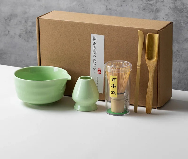Matcha Tea Set with Ceramic Bowl & Bamboo Accessories – 4/5/6 Piece Traditional Japanese Matcha Kit in Sage Green
