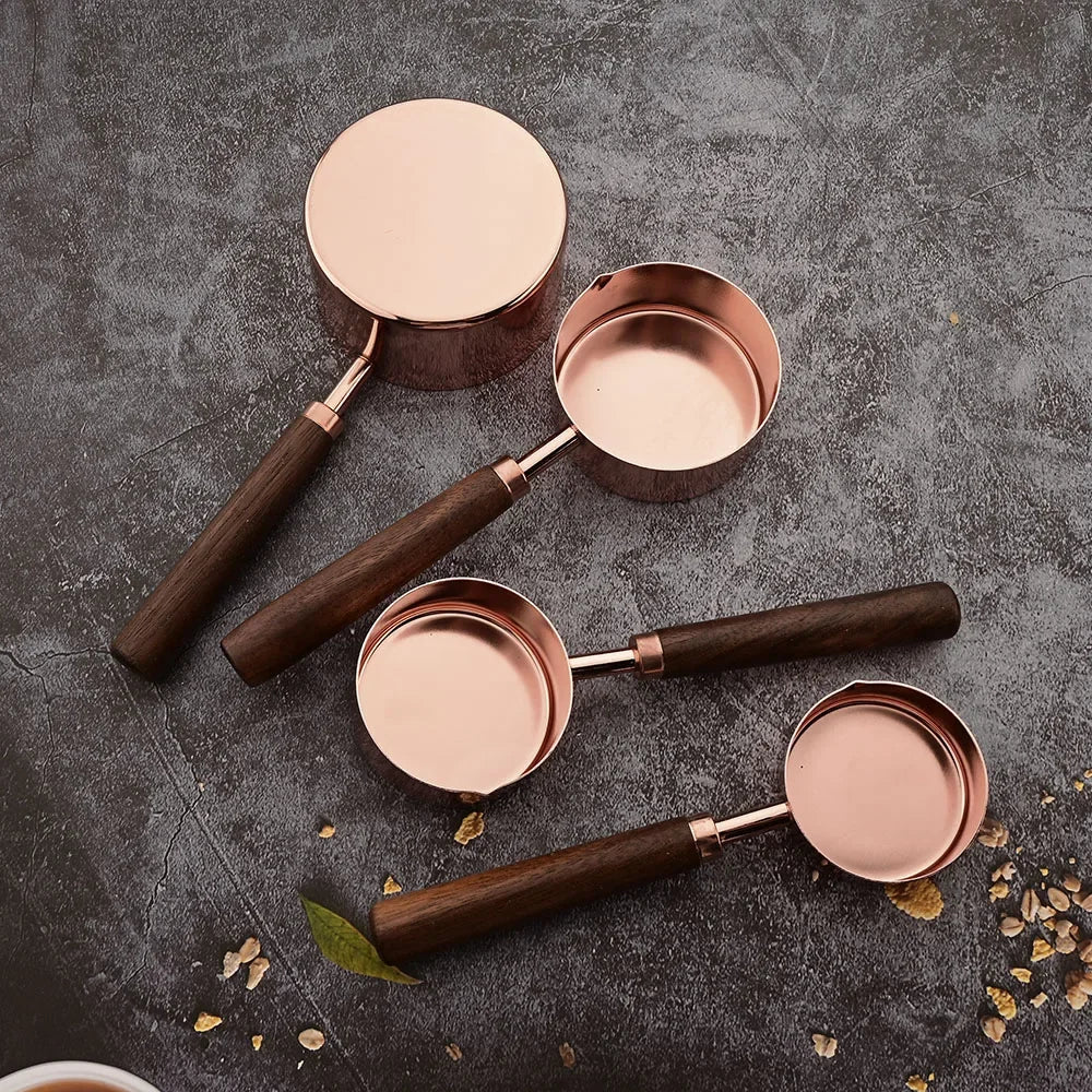 Rose Gold Measuring Cups and Spoons Set – Stainless Steel with Wooden Handles for Baking & Cooking