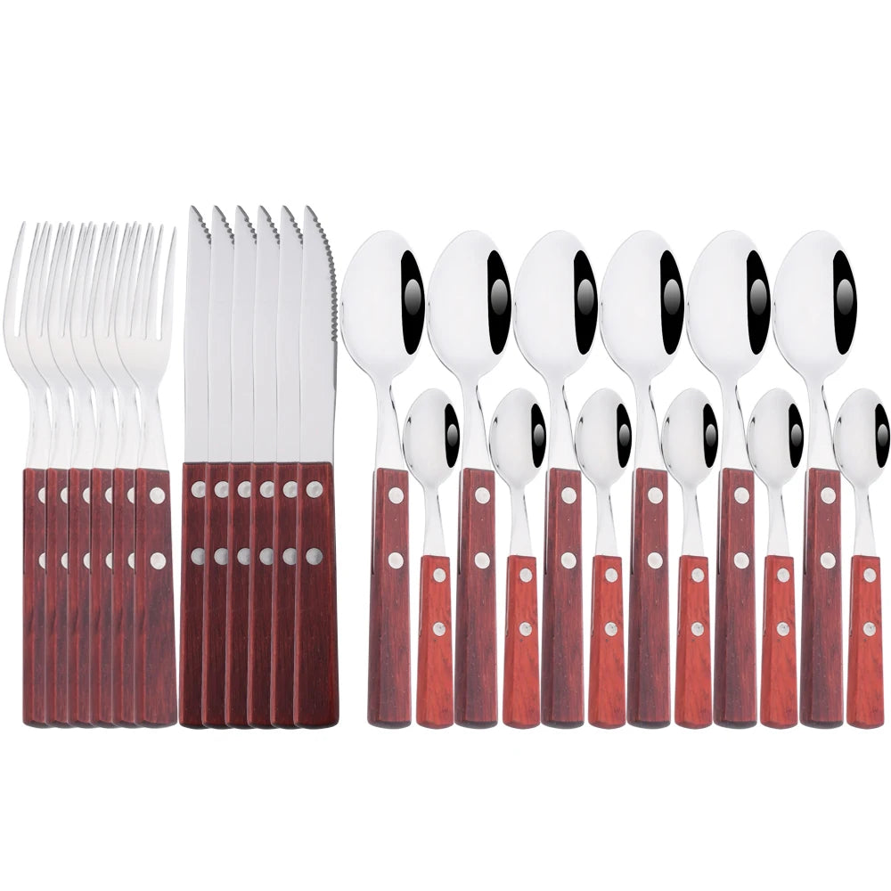 Wooden Handle Cutlery Set – 24 Piece Stainless Steel Knives, Forks & Spoons for Dining & Kitchen
