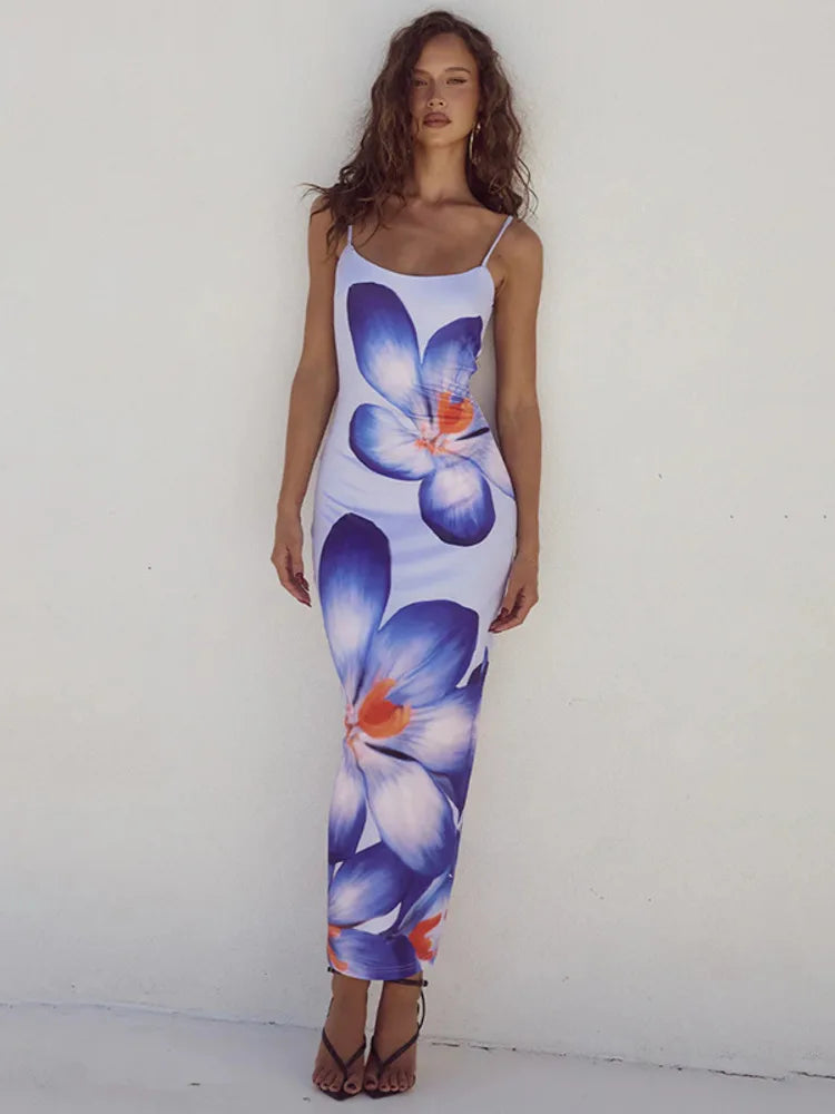 Camaria Floral Print Spaghetti Strap Maxi Dress – Summer Bodycon Holiday Gown in White, Pink, Black or Blue