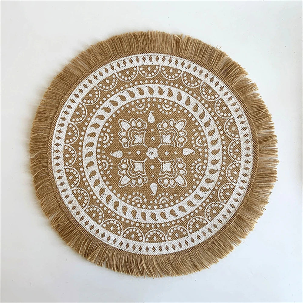 Boho Jute Round Placemats with Tassels – 38cm Natural Woven Table Mats for Rustic Dining & Home Decor