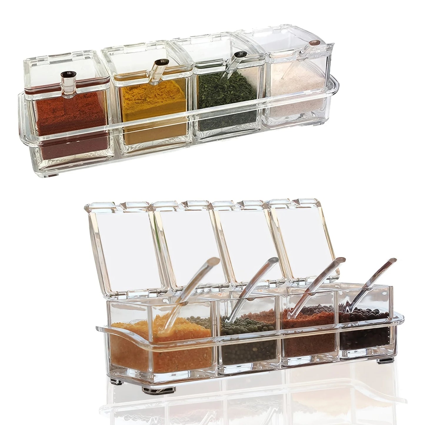 Transparent Spice Container Box With Spoon – 4 Compartment Seasoning Organizer For Kitchen Storage