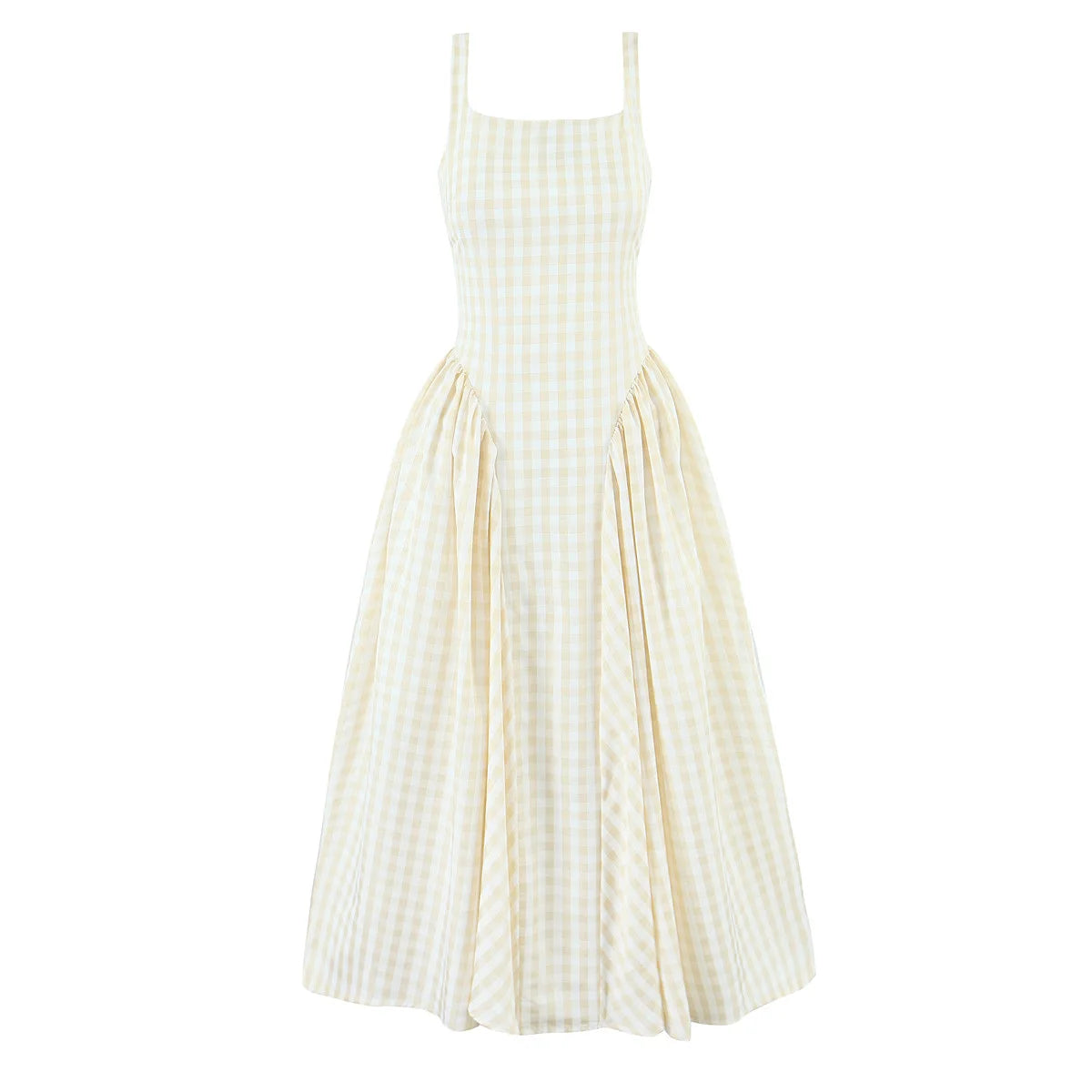 Soleina Pink or Yellow Gingham Midi Dress – Pretty Summer Day Dress with Fitted Bodice and Full Skirt