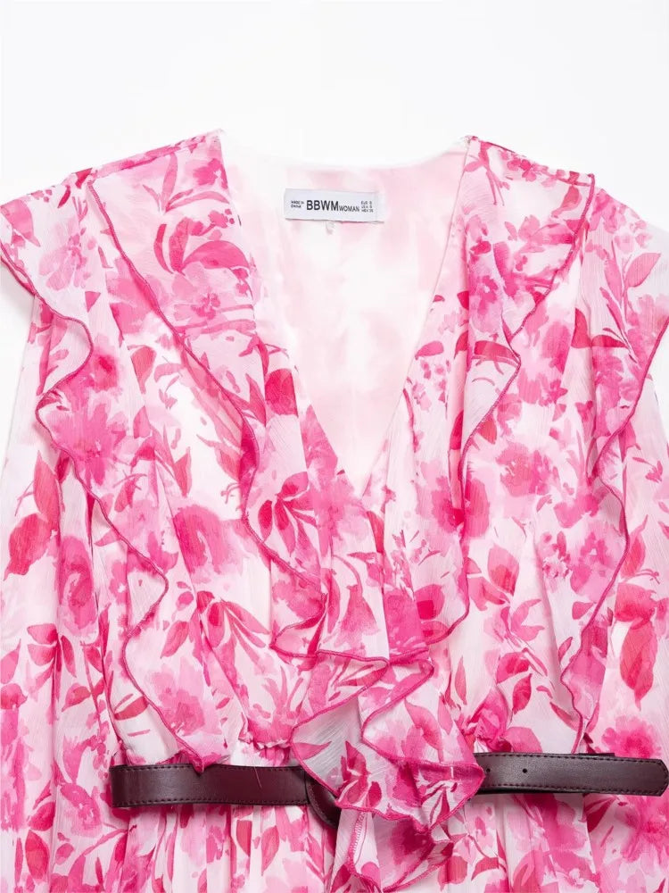 Sarella Ruffle Belted Midi Dress – Pink Floral V-Neck Long Sleeve Occasion Dress