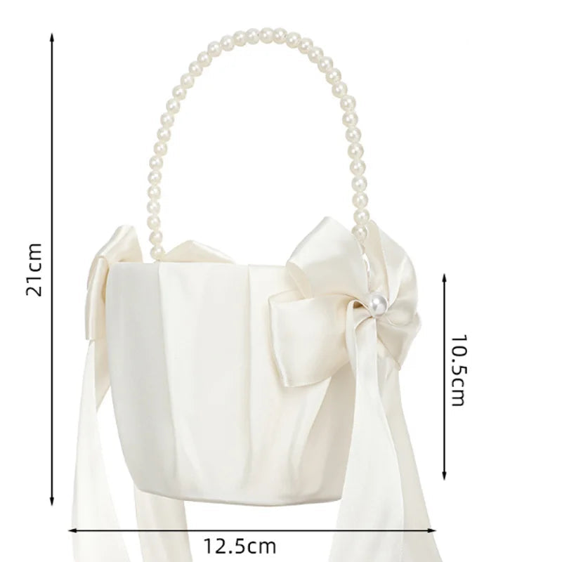 Ivory Satin Flower Girl Basket & Ring Cushion Set – Wedding Ceremony Accessories with Pearl Handle & Bow Detail
