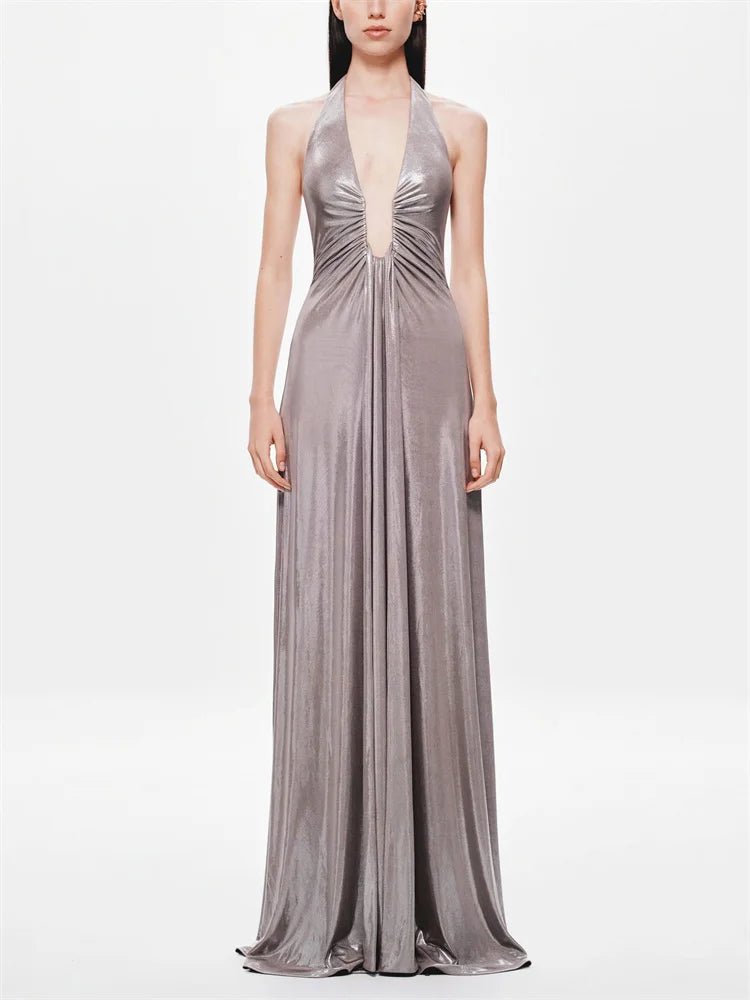 Savina Halterneck Plunge Ruched Maxi Dress – White, Chocolate Brown, Lilac, Silver & Black Summer Occasion Dress