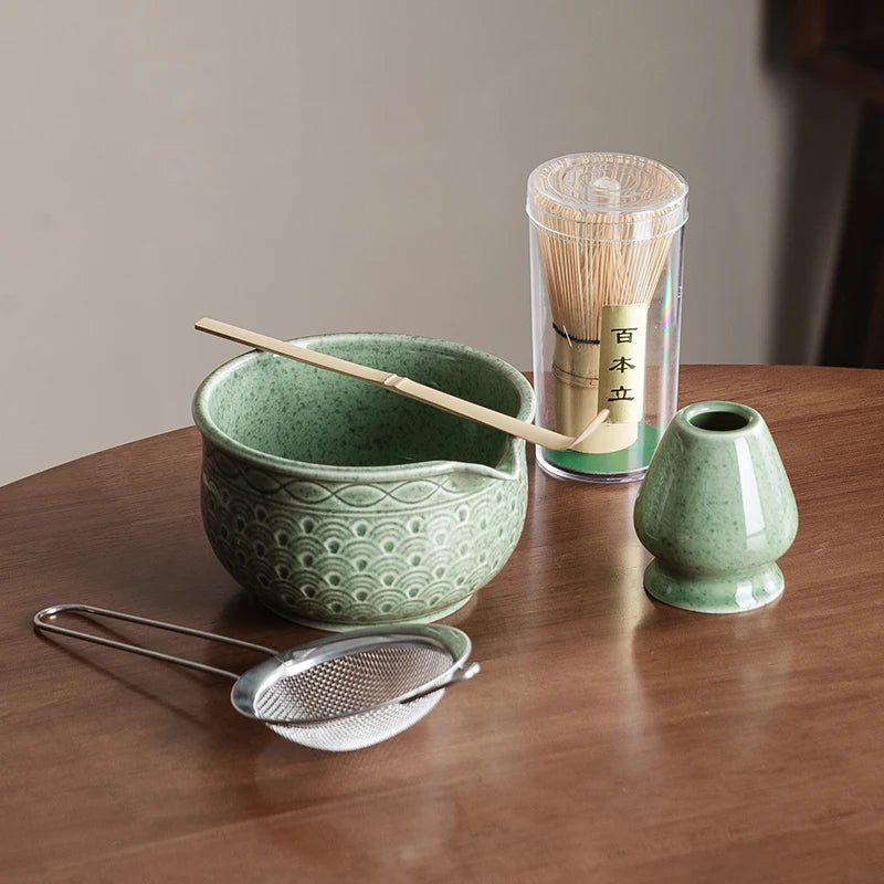 Green Matcha Tea Set with Ceramic Whisk Bowl & Accessories – 2/5/6 Piece Traditional Japanese Style Matcha Making Kit