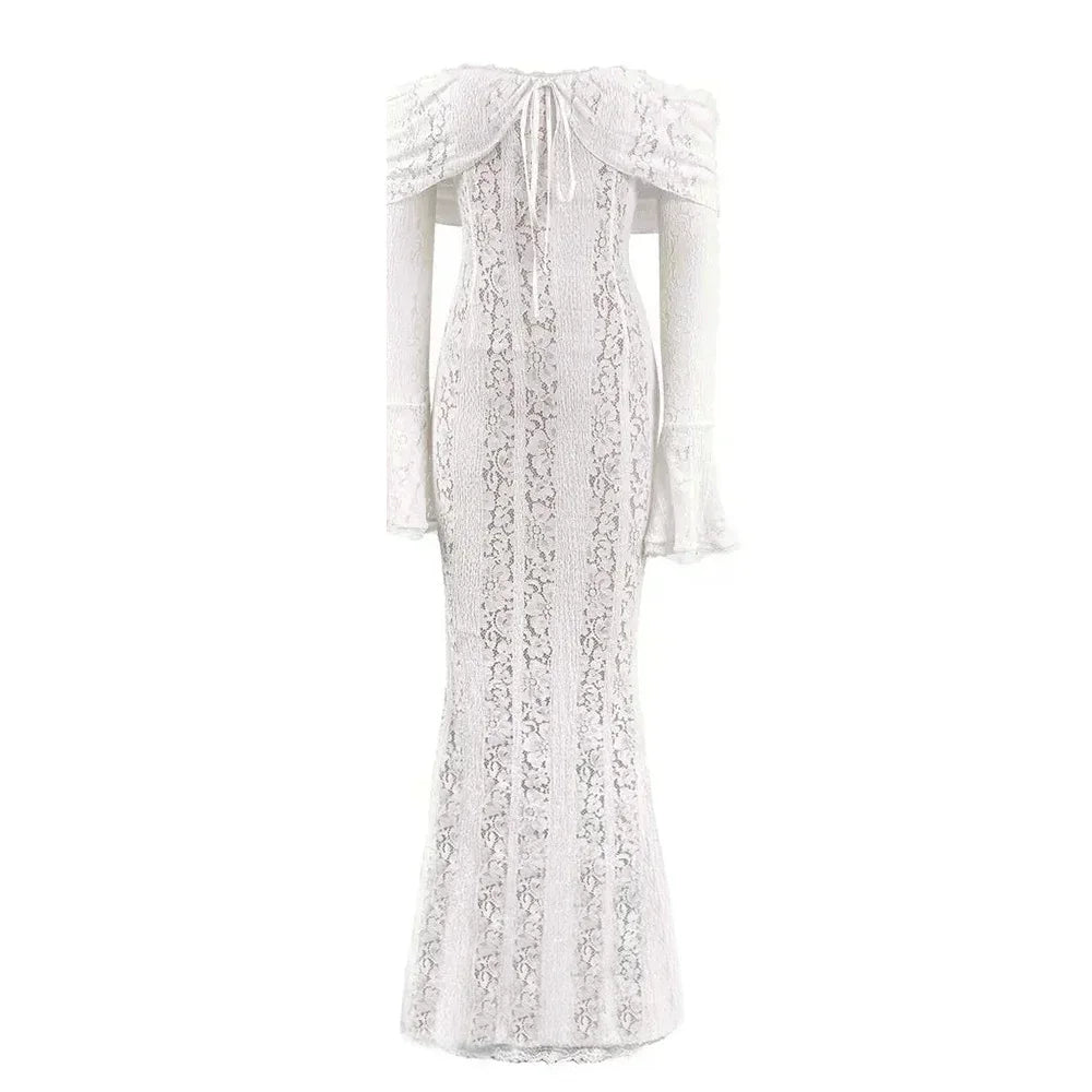 Sarisse Off Shoulder Lace Maxi Dress – Off Shoulder Long Sleeve Bodycon Evening Dress & Wedding Guest Gown