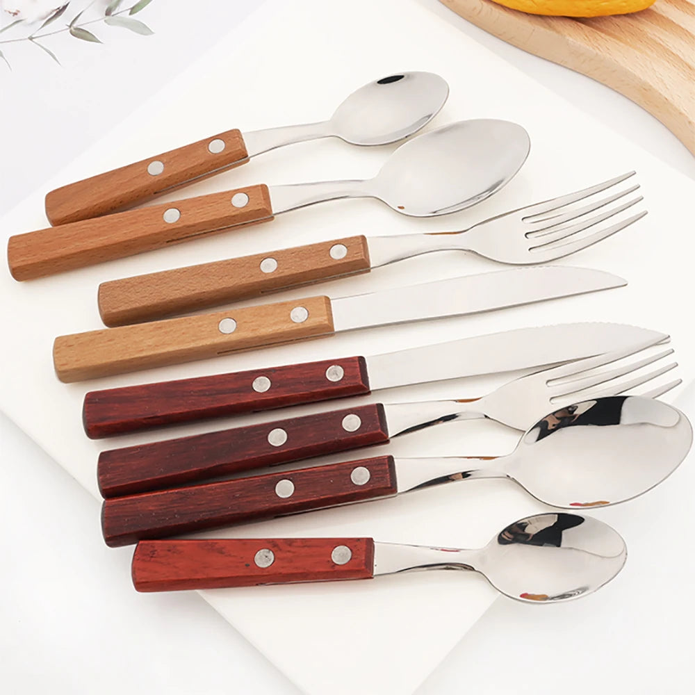 Wooden Handle Cutlery Set – 24 Piece Stainless Steel Knives, Forks & Spoons for Dining & Kitchen