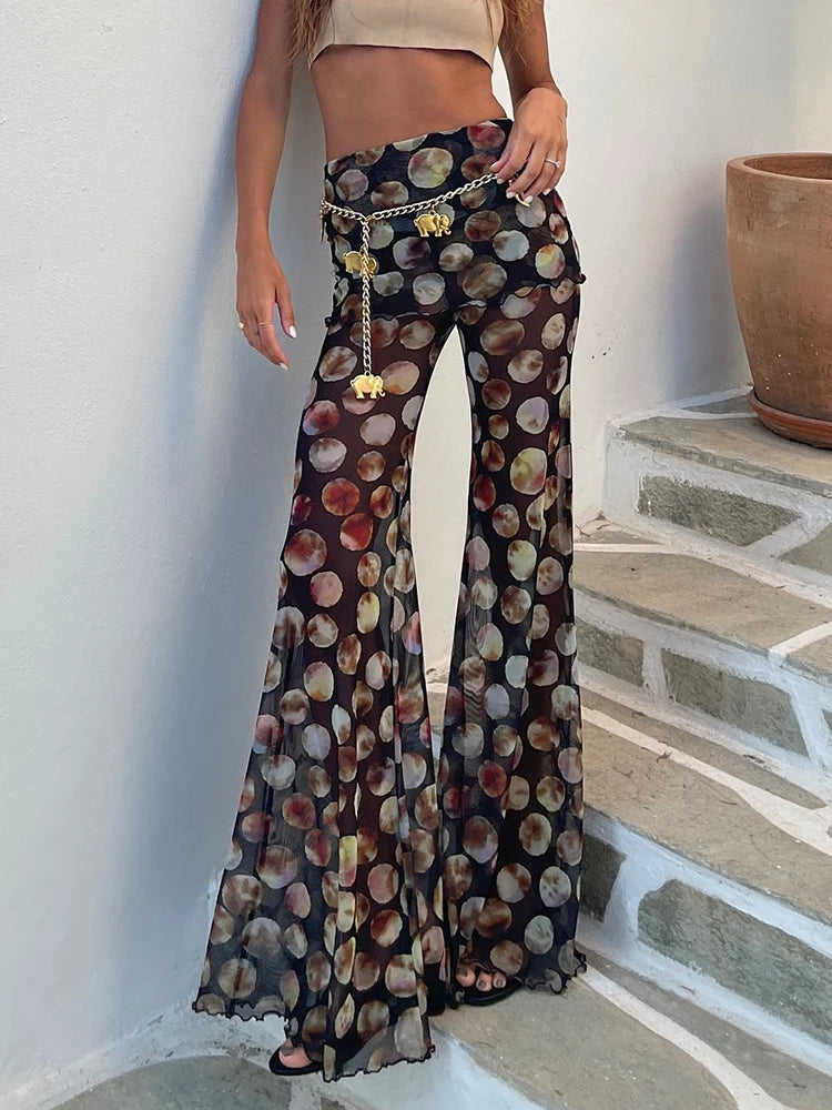 Oraya Flared Mesh Trousers in Leopard & Abstract Print – Sheer High Waist Wide Leg Holiday Trousers for Women