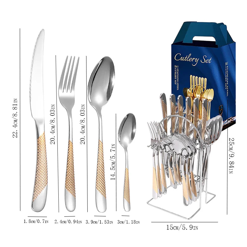 24-Piece Stainless Steel Cutlery Set with Stand – Gold & Silver Knife, Fork, Spoon Flatware Set for Dining