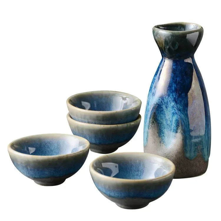 Aozora Japanese Sake Set – 5-Piece Deep Blue Ceramic Bottle & Cup Gift Set for Home Bar and Dining