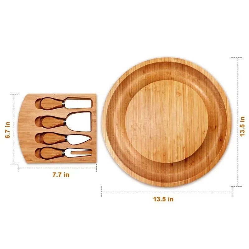 Round Bamboo Cheese Board with Drawer and Cheese Knives – Charcuterie Serving Platter