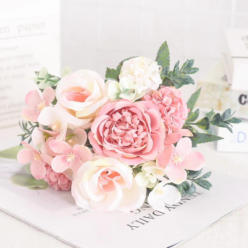 Blush Rose & Hydrangea Flower Bouquet – Pink Faux Floral Centrepiece for Home Decor