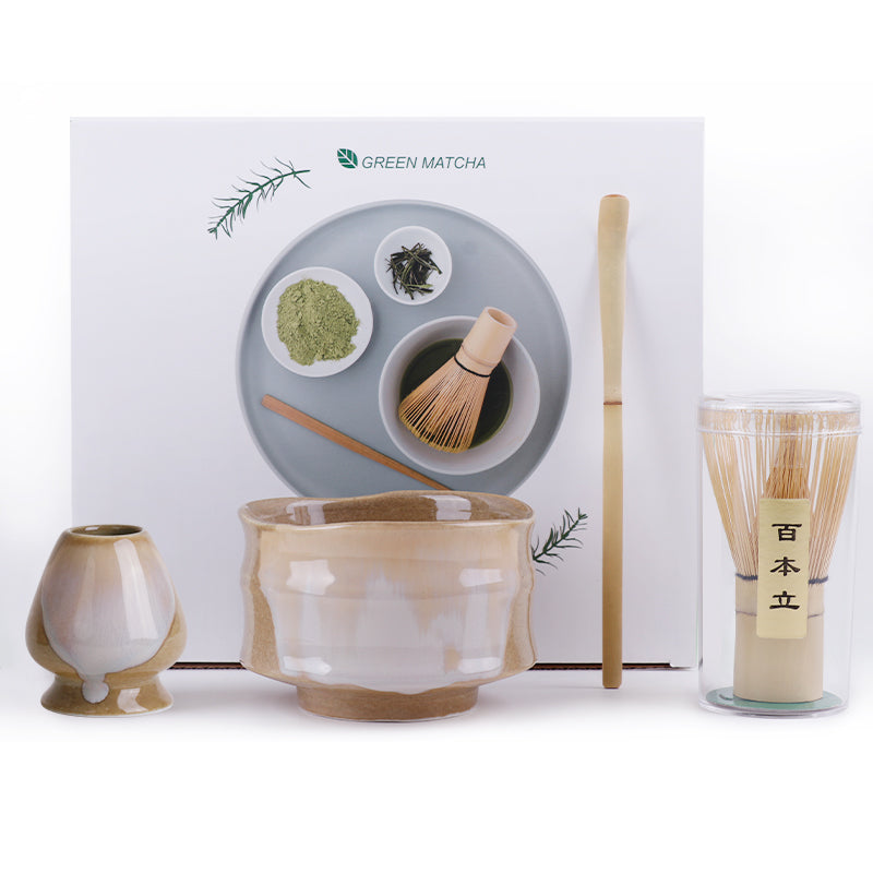 Premium Matcha Set – 4 Piece Starter Kit with Bamboo Whisk, Ceramic Bowl, Scoop & Holder
