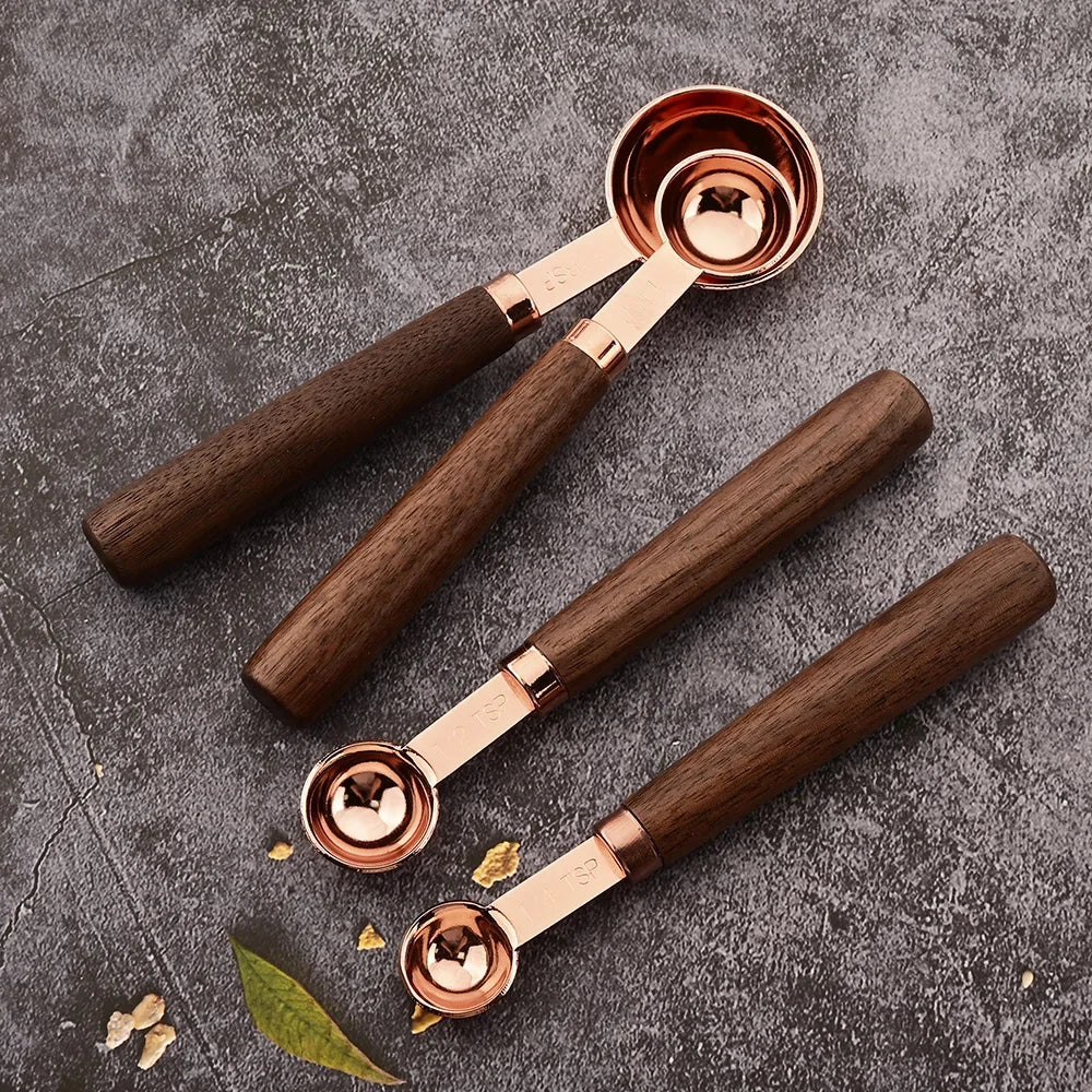 Rose Gold Measuring Cups and Spoons Set – Stainless Steel with Wooden Handles for Baking & Cooking