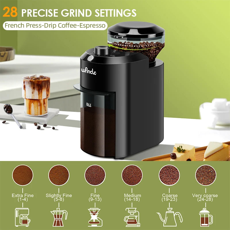 Electric Burr Coffee Grinder – Adjustable 28-Setting Flat Burr Mill for Espresso, French Press, Filter & Cold Brew