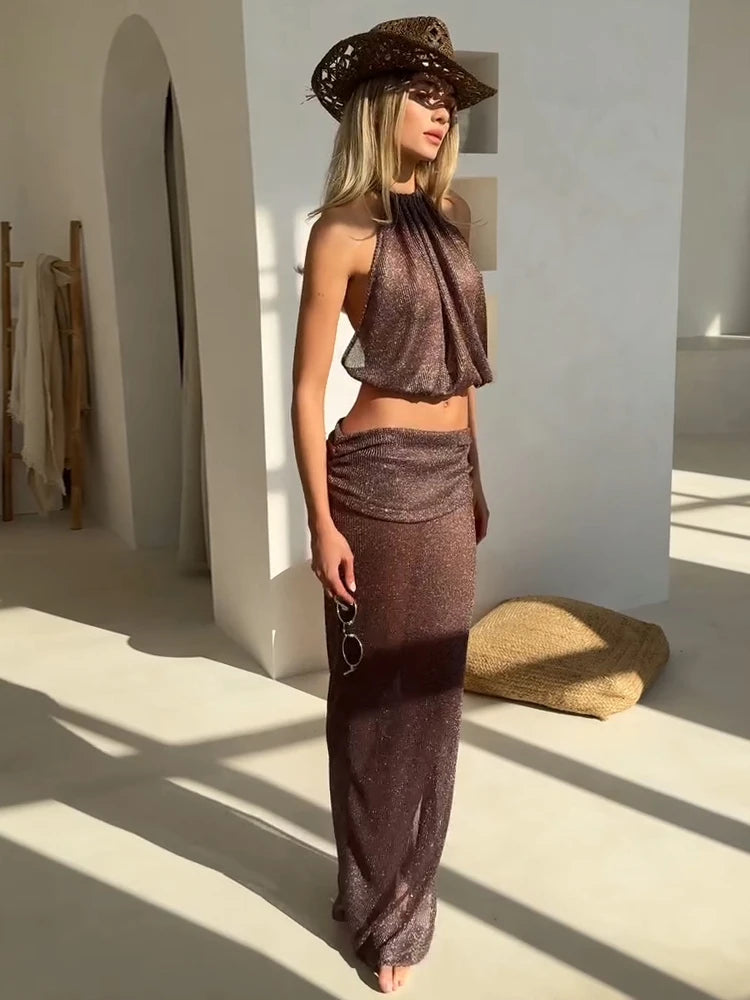 Solana Metallic Knit Two Piece Co-Ord Set – Sheer Halterneck Crop Top & Maxi Skirt Holiday Beach Outfit