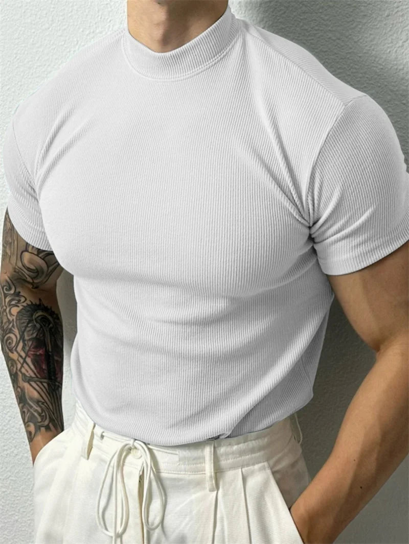 Men’s Slim Fit High Neck T-Shirt – Short Sleeve Tee