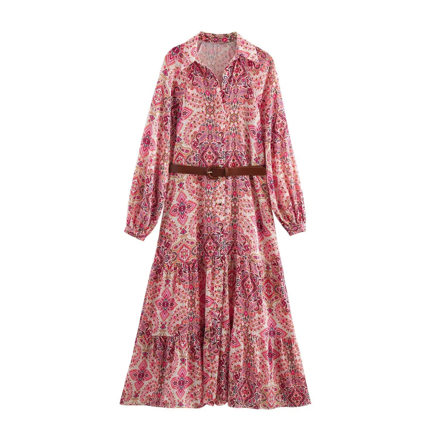 Maya Paisley Print Long Sleeve Maxi Shirt Dress – Chic Bohemian Day Dress