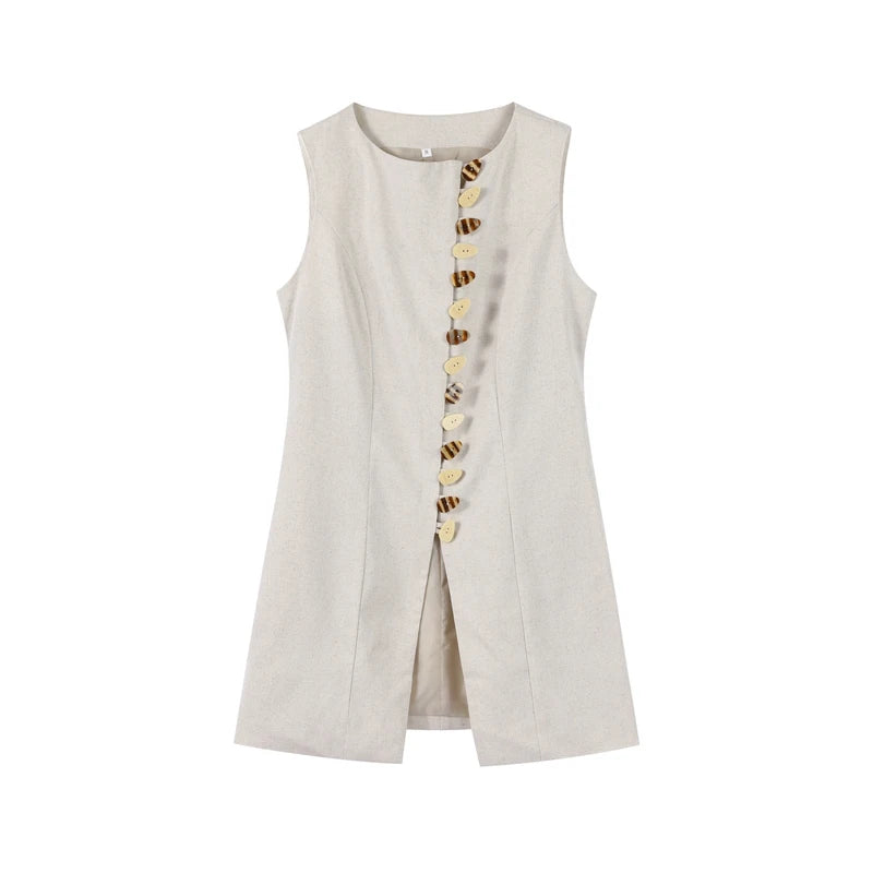 Maris Asymmetric Button Co-ord Set – Sleeveless Vest & Mini Skirt Two-Piece in Natural Beige
