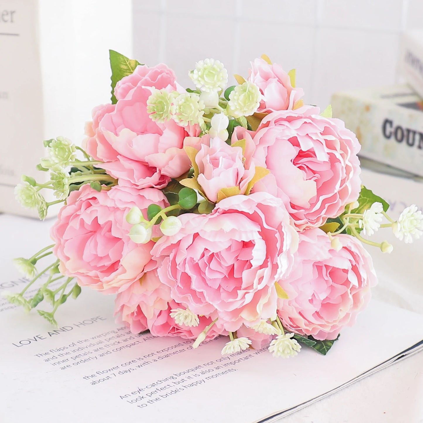 Blush Rose & Hydrangea Flower Bouquet – Pink Faux Floral Centrepiece for Home Decor