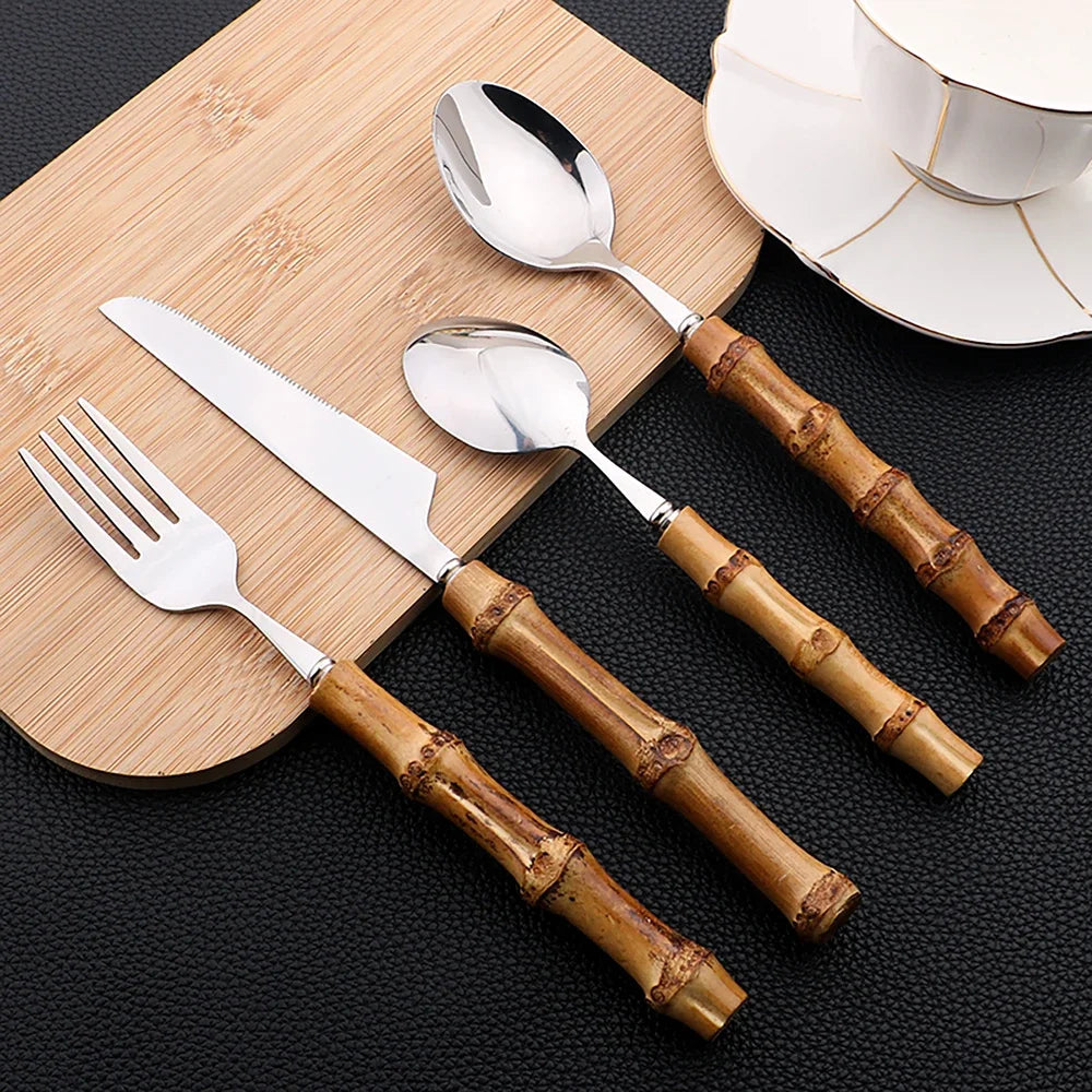 24-Piece Bamboo Handle Cutlery Set – Stainless Steel Knife Fork Spoon Flatware in Gold & Silver